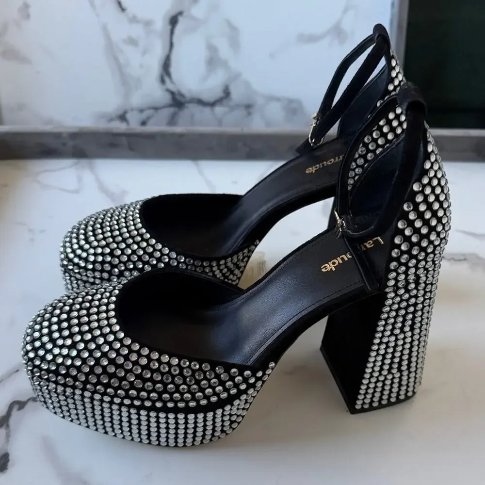Larroude Ari Crystal Platform Pumps in Black Silver NEW Size 9